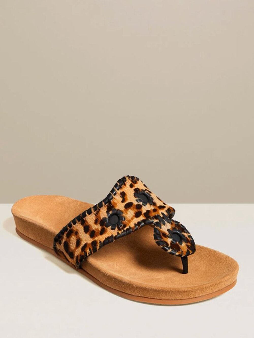 Jack Rogers Comfort Leather Thong Slip On 1" Sandal in Leopard Haircalf, size 9